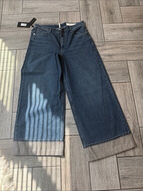 rag & bone Dark Blue Wide Leg Jeans with Cuffed Hem
